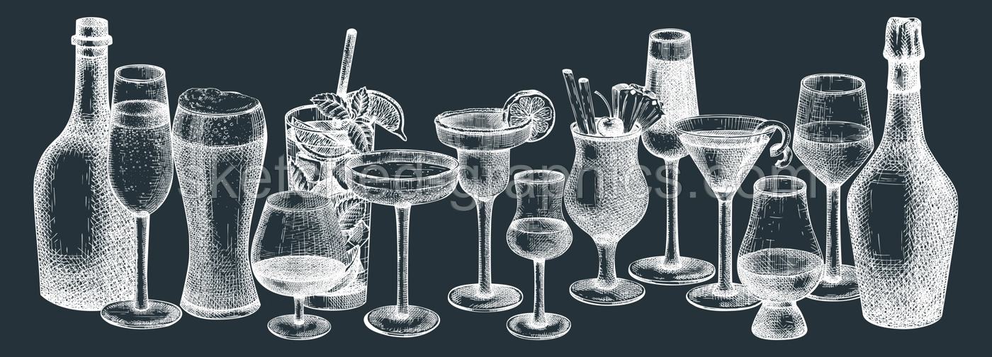 Bar banner or menu design with hand-sketched glasses and bottles. Vector sketches of alcoholic drinks and cocktails. Popular alcohol beverages hand-drawings on chalkboard Illustration